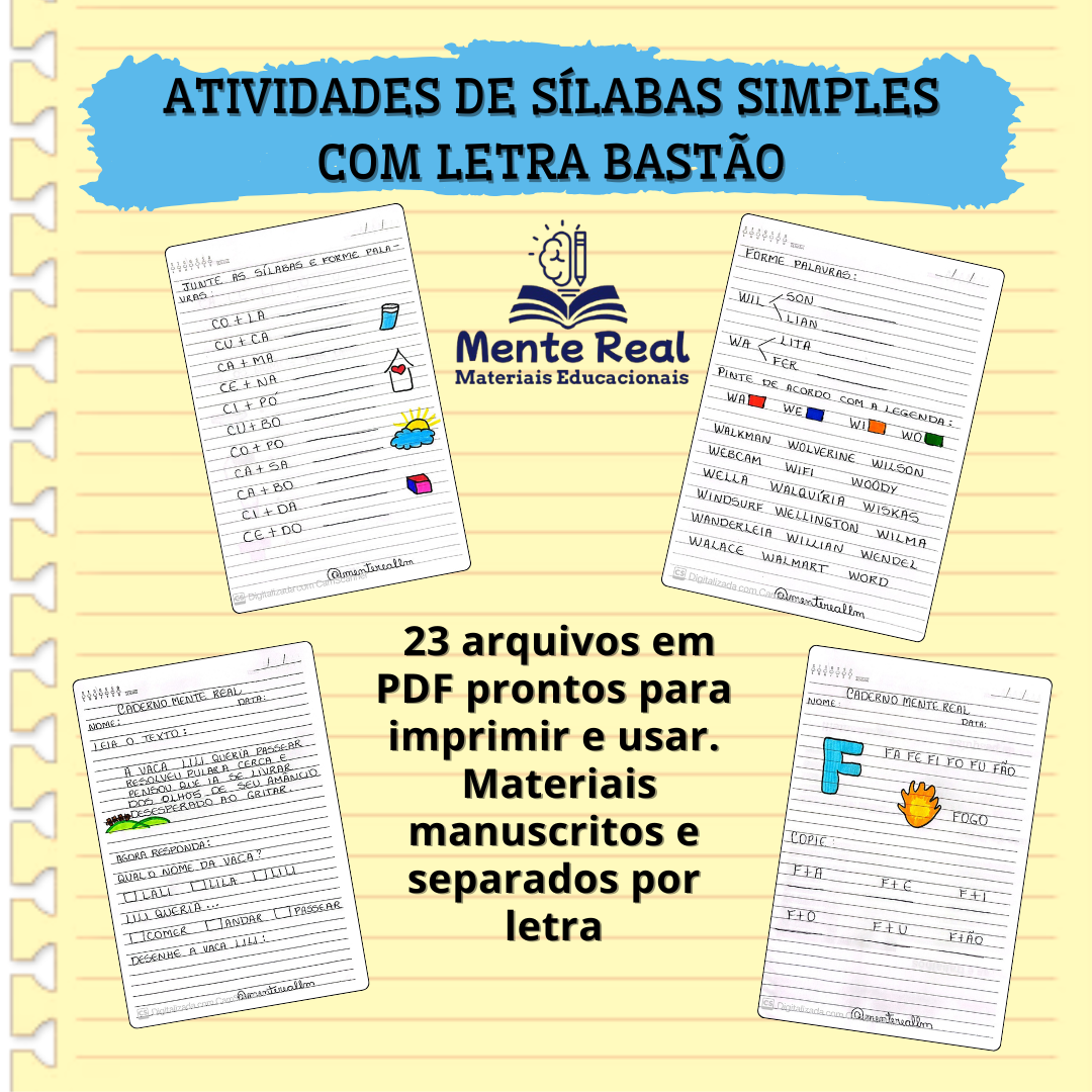 Kit de Atividades de Sílabas Simples com letra BASTÃO.